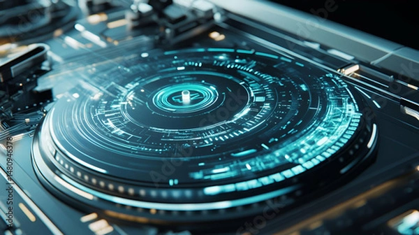 Fototapeta Futuristic Turntable with Cyan Digital Interface