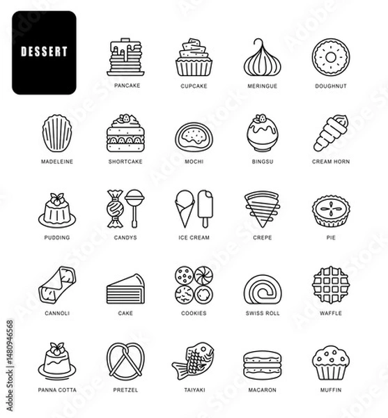 Fototapeta Set of dessert related vector line icons. Contains such Icons as cake, pie, muffin, pudding and more.