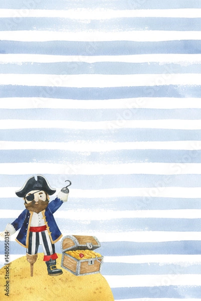Fototapeta Pirate watercolor card template with a space for text. Pirate on the ocean with blue stripes