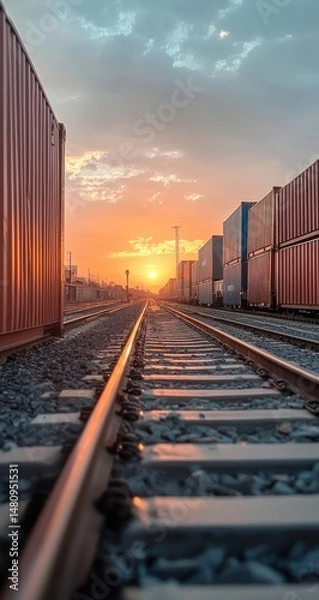 Obraz Sunrise over cargo train tracks.  Golden light illuminates shipping containers