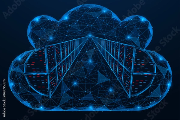 Obraz Data processing center in the cloud storage. Polygonal design of interconnected lines and dots. Blue background.