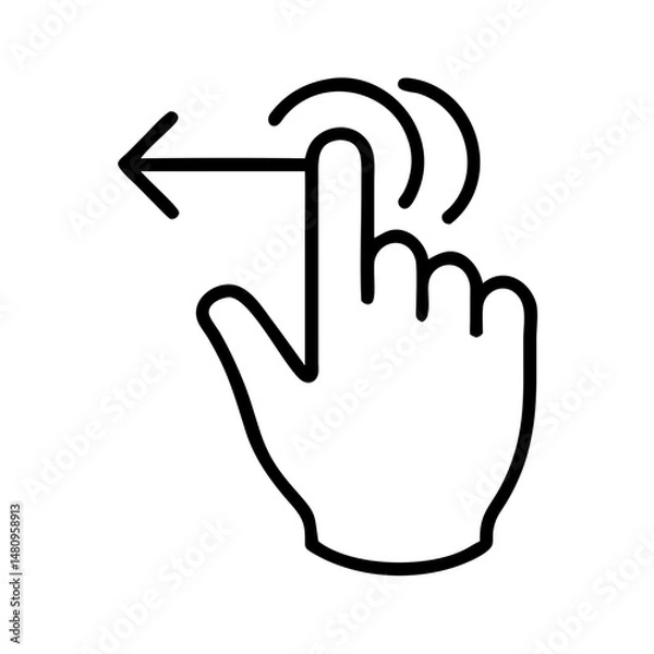 Fototapeta Minimalist black and white icon of a hand swiping left gesture with motion lines, touchscreen interaction symbol, isolated on white