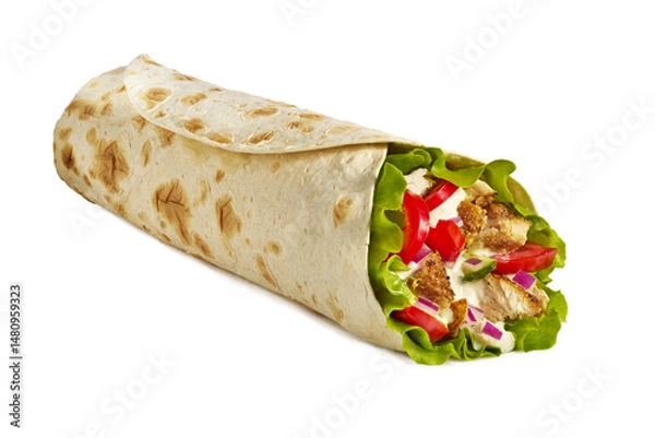 Obraz A delightful and fresh Chicken Wrap filled with vibrant vegetables and drizzled with sauce