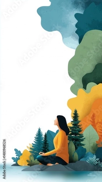 Fototapeta Illustration of mental health and emotional well-being with trees with green leaves, calm waters and a meditating figure