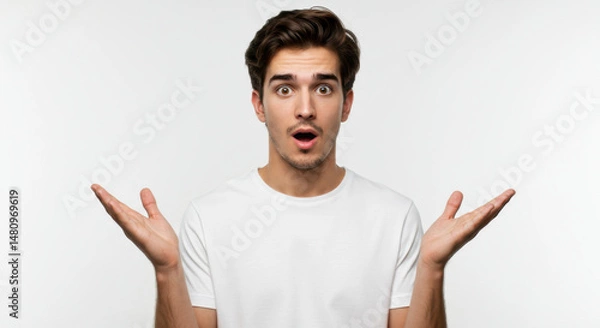 Fototapeta Surprised Young Man with Hands Raised in Confused Reaction on White Background
