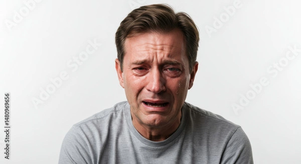 Fototapeta Crying Middle-Aged Man with Tears Running Down Face in Grey T-Shirt on White Background