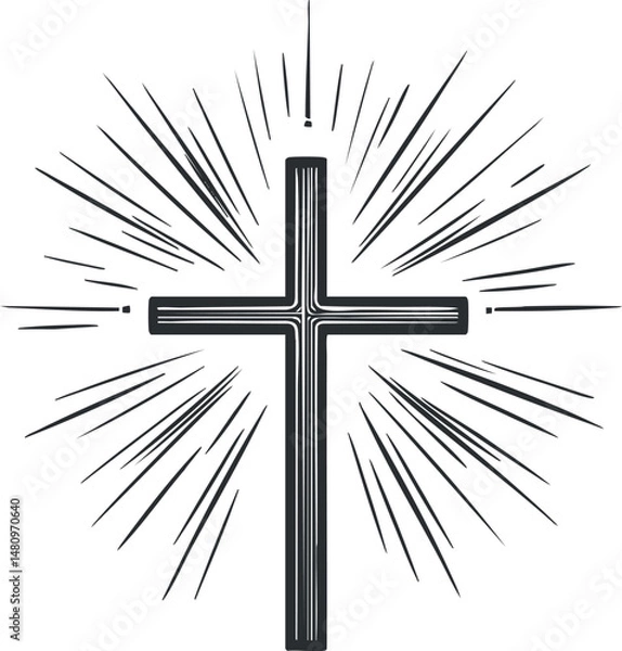 Fototapeta Black and white illustration of a Christian cross with radiant light rays shining outward symbolizing faith and spirituality