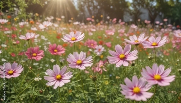 Fototapeta Cosmos flowers in full bloom, sunny garden setting, soft focus background ,  blossoms,  soft focus,  texture
