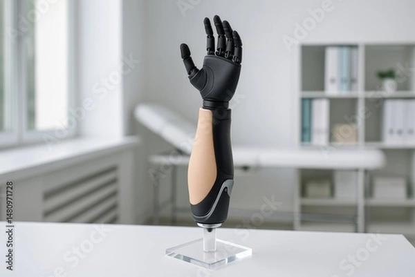 Fototapeta A high-tech prosthetic arm with advanced design standing on a display base in a clean, bright medical environment.