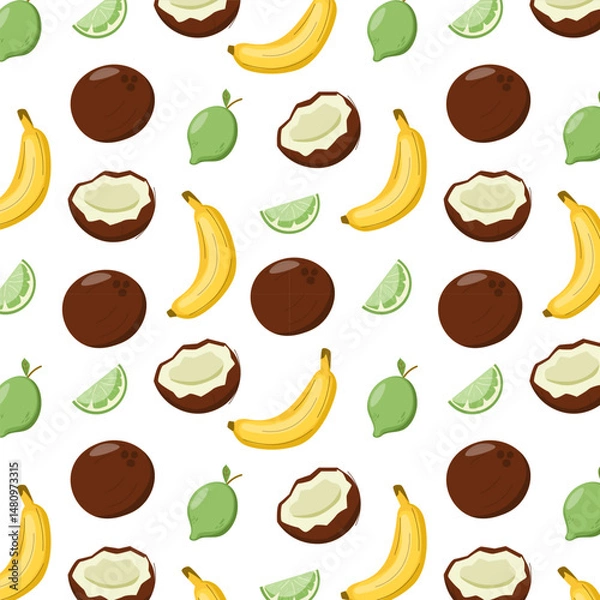 Obraz Seamless Pattern with Banana, Coconut and Lime.