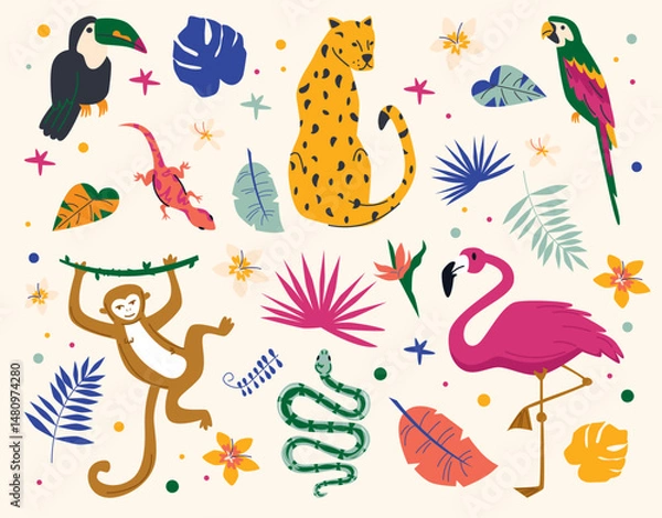 Obraz Collection of Jungle Animals and Tropical Plants.