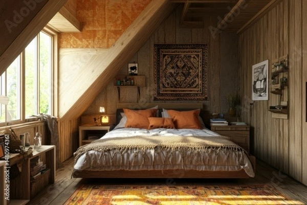 Fototapeta Cozy Rustic Bedroom with Earth Tones