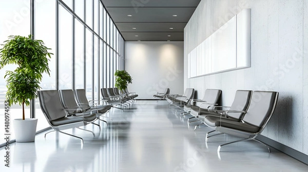 Obraz Modern Airport Waiting Room Interior Design with Grey Chairs and Large Windows