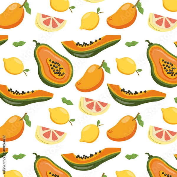 Obraz Tropical Papaya and Mango Fruit Seamless Pattern.