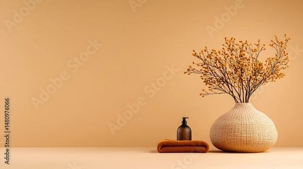 Obraz Beige and Brown Minimal Product Shot with Dried Flowers and Bottle