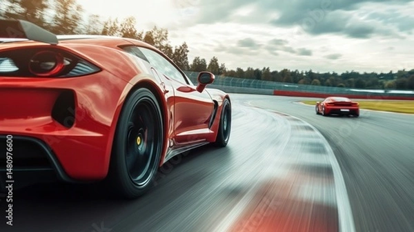 Fototapeta Red sports cars racing on a track speed motion blur and dynamic movement