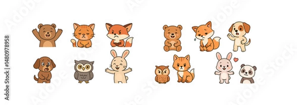 Fototapeta Collection of cute animals showing emotions and gestures, transparent background.