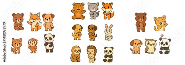 Fototapeta Set of cute animals expressing emotions and gestures, transparent background.
