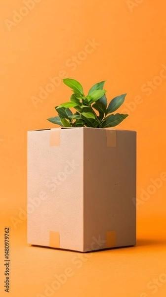 Obraz Beige Square Box with Green Plant on Orange Background