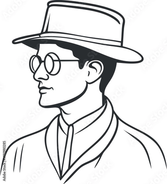 Fototapeta Black and white line art illustration of a man in profile wearing a hat and glasses with vintage style clothing