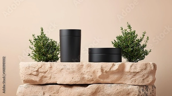 Obraz Black Cosmetic Balm Jar and Dropper Bottle Set on Beige Stone