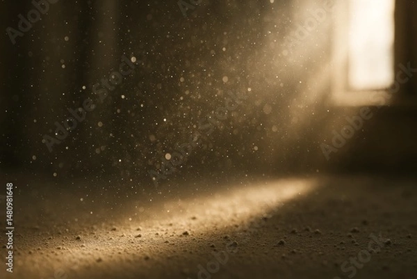 Fototapeta Golden dust particles float visibly in a beam of sunlight coming through a window in a dim room—evoking nostalgia, calm, and atmospheric stillness.
