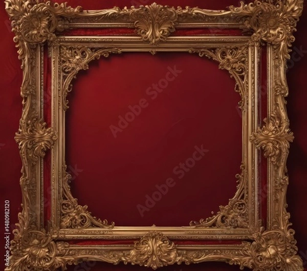 Fototapeta Intricate gold frame swirls on deep red velvet  , shine, art,  ornate