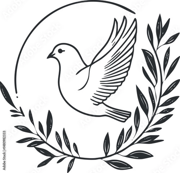 Fototapeta Minimalist black line art of a flying dove surrounded by olive branches symbolizing peace and freedom