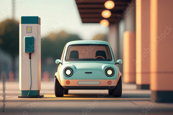 Fototapeta Retro electric car charging at a station, blending vintage design with modern technology.
