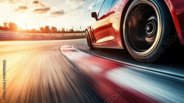 Fototapeta Red sports car racing at sunset speed motion blur dynamic composition