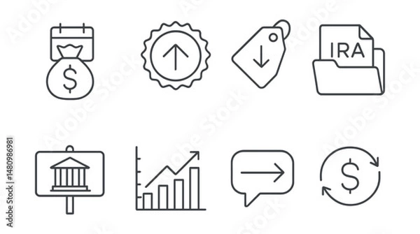 Fototapeta Line style icons of tax-efficient investing: tax-deferred icon, capital gain rate badge, tax-loss harvest tag, IRA account file, municipal bond board, 401(k) plan chart, Roth conversion bubble, net
