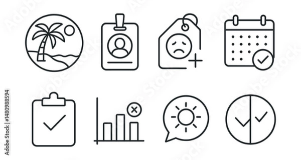 Fototapeta Line style icons of time off requests: vacation request icon, personal leave badge, sick leave tag, time-off calendar file, approved leave board, absence chart, holiday bubble, request status symbol.