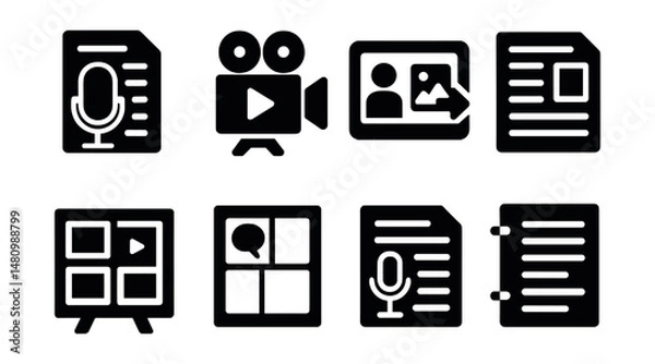 Obraz Solid style icons of storytelling formats: podcast script, short film, visual novel, article draft, animation storyboard, comic frame, voiceover page, screenplay.