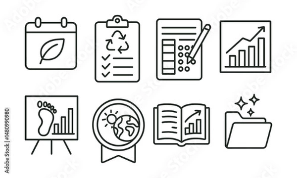 Fototapeta Line style icons of measuring impact and reflection: eco tracker calendar, low-waste checklist, journal of habits page, “my impact” chart, footprint audit board, personal climate badge, semester