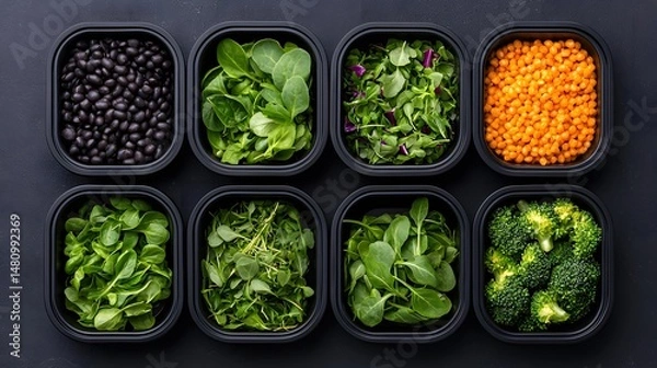 Obraz Colorful Assortment of Healthy Foods in Black Meal Prep Containers