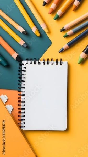 Obraz Colorful Crayons and Blank Notebook Flat Lay