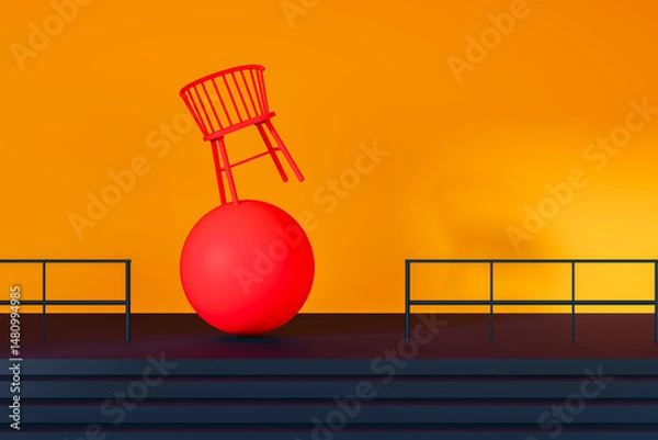 Obraz Balancing Red Chair on Sphere Against Orange Background – Ideal for Modern Art Blogs, Editorials, or Abstract Design Wallpapers

