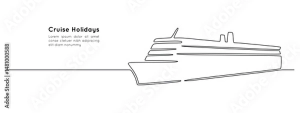 Fototapeta Cruise ship in one continuous line drawing. Sea and ocean yacht in simple linear style. Luxury caribbean travel and vacation in editable stroke. Doodle vector illustration