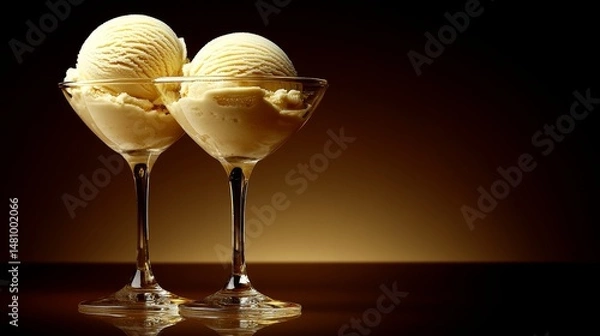 Fototapeta A brown backdrop serves as the setting for two ice cream sundaes that are placed side by side in glass dessert cups and topped with a caramel drizzle