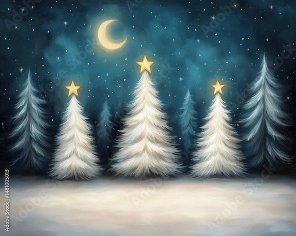 Fototapeta A water color painted forest of white Christmas trees in abstract with loose strokes in a night scene showing Christmas eve nostalgia