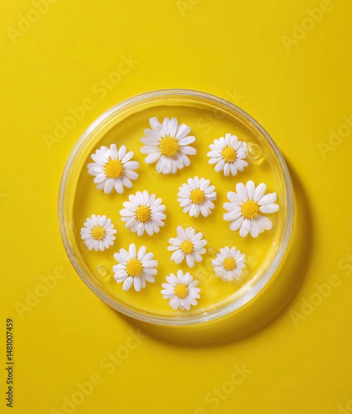 Obraz Close-up of chamomile flowers in Petri dish. Scientific research concept.	
