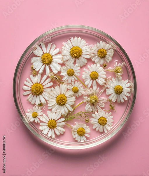 Obraz Close-up of chamomile flowers in Petri dish. Scientific research concept.	