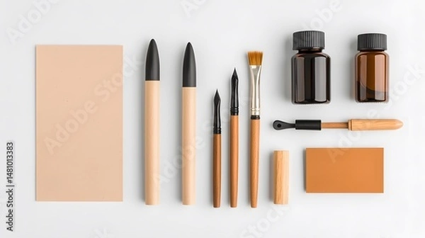 Obraz Flatlay of Calligraphy Set: Nib Pens, Ink Bottles, and Brushes on White Background