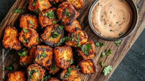 Obraz Spicy Crispy Paneer Bites Appetizer Indian Food Recipe Delicious Tasty Snack Eat Red Dip Dish Meal  