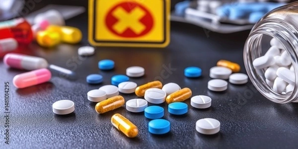 Fototapeta Minimalistic stock photo of a close-up of iodine tablets scattered on a dark surface, a radiation hazard sign slightly out of focus in the background, dramatic lighting emphasizing urgency.
