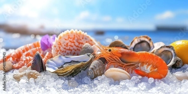Fototapeta Fresh seafood resting on ice with ocean view