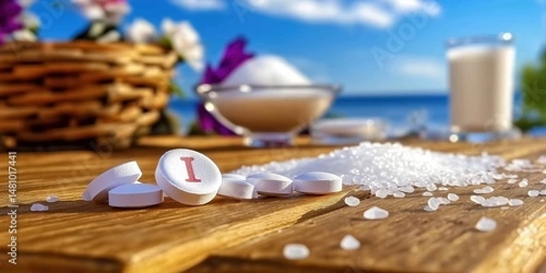 Fototapeta Iodine Supplements on Wooden Table with Iodized Salt and Milk in Background