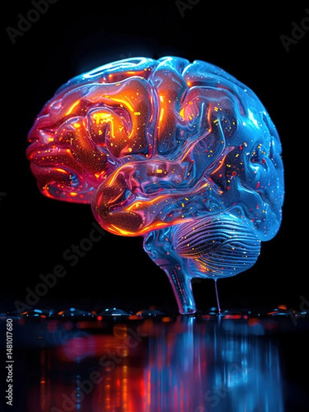Fototapeta A vibrant image of a human brain glowing with neon lights, symbolizing creativity, innovation, and futuristic technology on a dark reflective surface