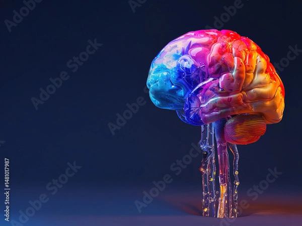 Fototapeta Glowing digital brain rendered in vivid neon blue and orange, representing artificial intelligence, imagination, and futuristic creative energy in a surreal style with copy space on side