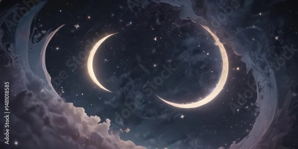 Obraz Soft, faded paper, stylized stars, crescent moon, galaxy swirl ,  occult,  pattern